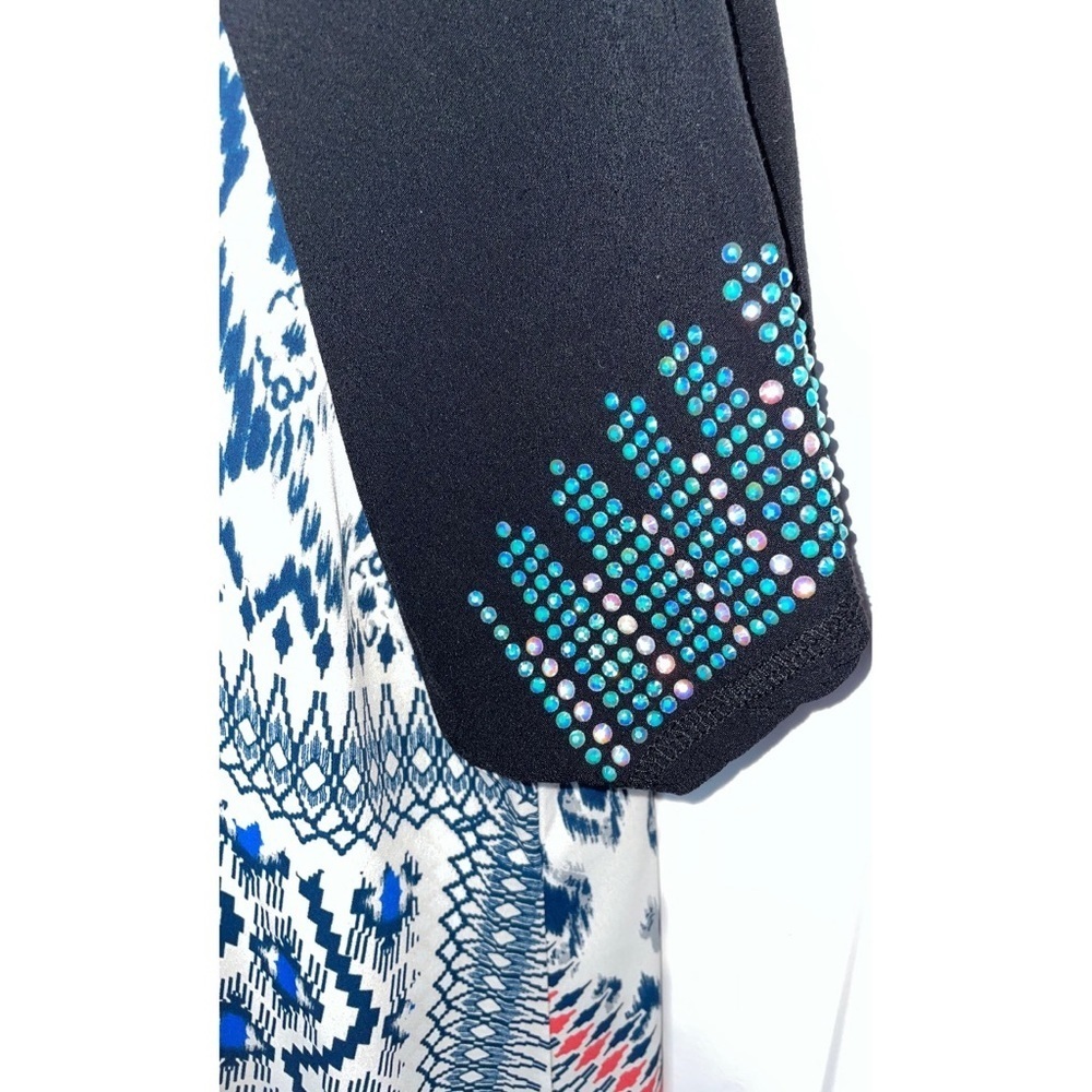 Vocal Blue & Teal Geometric Print Top – Black Embellished Sleeves- Medium - Picture 4 of 7